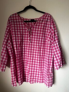 Talbots Pink Gingham Tie Neck Blouse 2X Plus Size Cottage Core Picnic Top